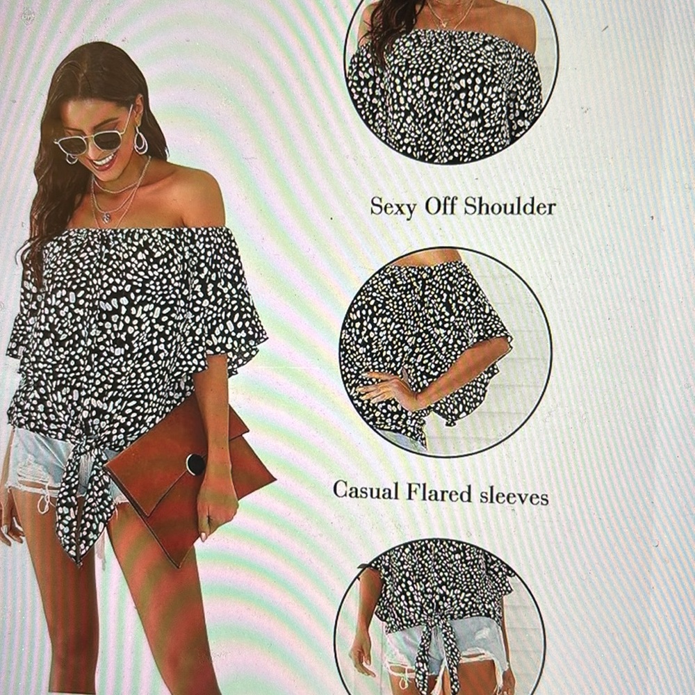 off shoulder beach cover up / blouse. NWT BLACK WHITE SPOTTED - summer breeze - Picture 5 of 7